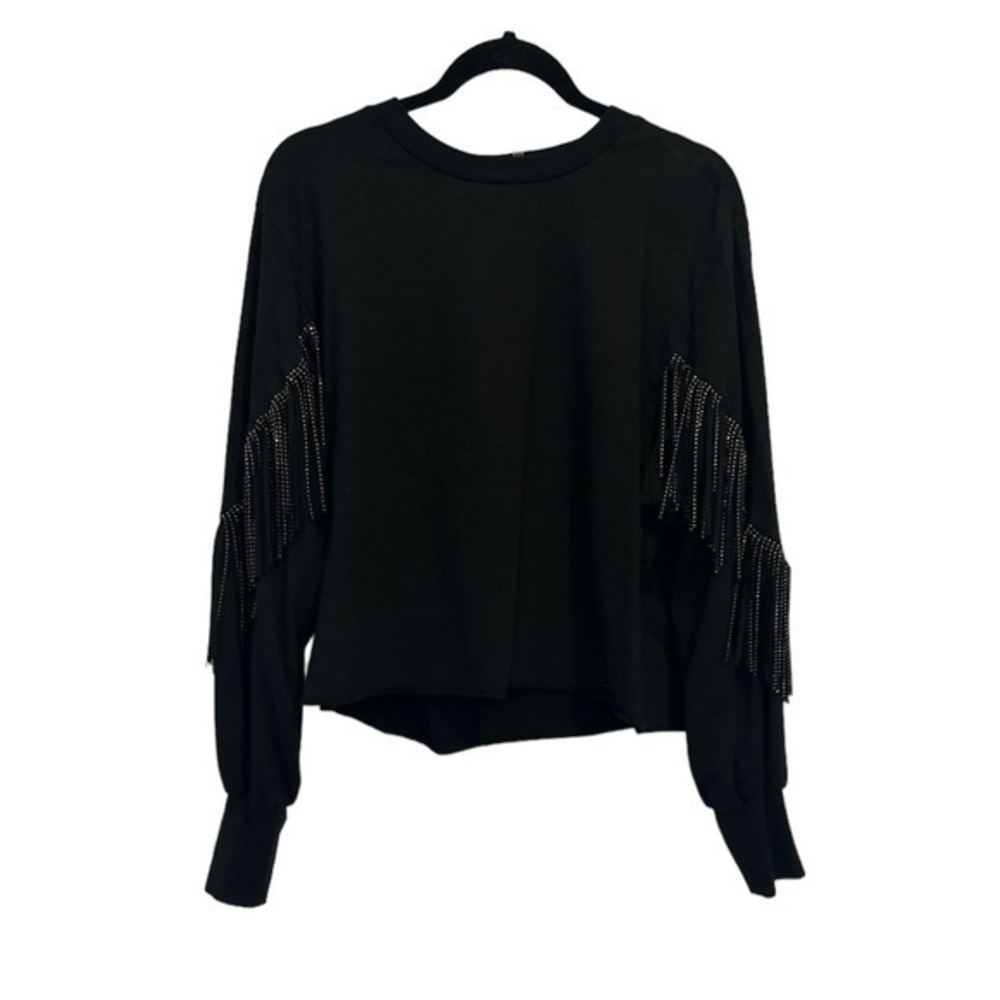 Young Fabulous & Broke Black Long Sleeve Rhinestone Fringe Crop Top Size S